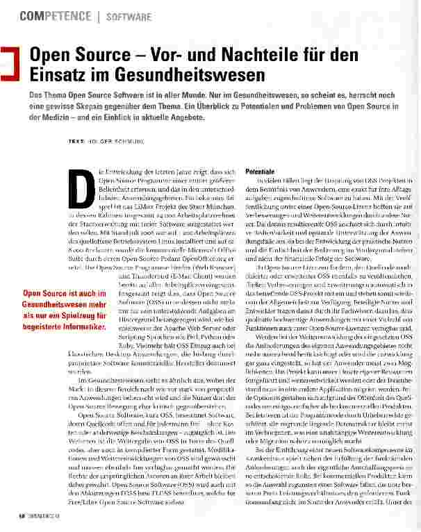 Vorschauseite 1: Open Source - Vorund Nachteile für den Einsatz im Gesundheitswesen