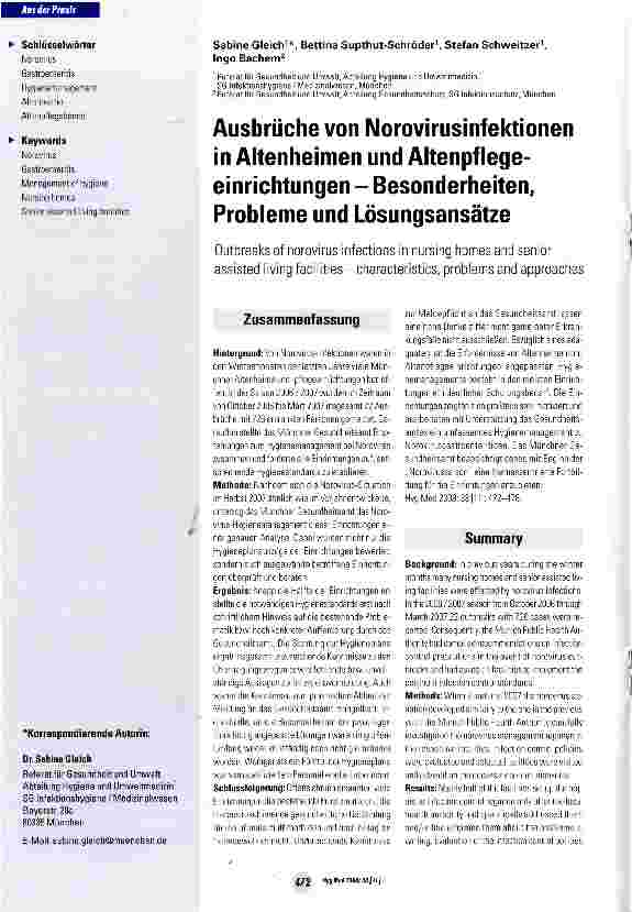 Vorschauseite 1: Ausbrüche von Norovirusinfektionen in Altenheimen und Altenpf lege-einrichtungen - Besonderheiten, Probleme und Lösungsansätze