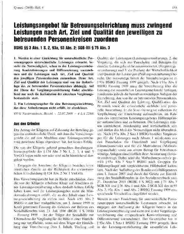 Vorschauseite 1: Leistungsangebot für Betreuungseinrichtung muss zwingend Leistungen nach Art, Ziel und Qualität den jeweiligen zu betreuenden Personenkreisen zuordnen
