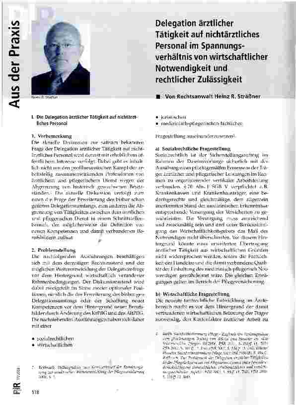 Vorschauseite 1: Delegation ärztlicher Tätigkeit auf nichtärztliches Personal im Spannungsverhältnis von wirtschaftlicher Notwendigkeit und rechtlicher Zulässigkeit