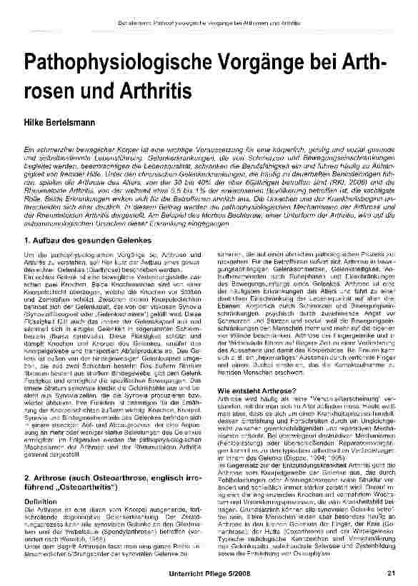 Vorschauseite 1: Pathophysiologische Vorgänge bei Arth rosen und Arthritis