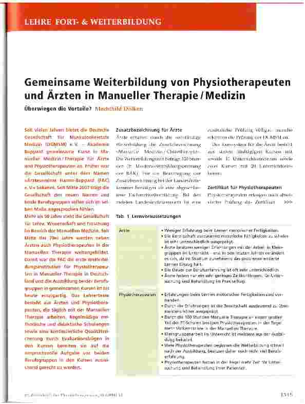 Vorschauseite 1: Gemeinsame Weiterbildung von Physiotherapeuten und Ärzten in Manueller Therapie/MedizinÜberwiegen die Vorteile?