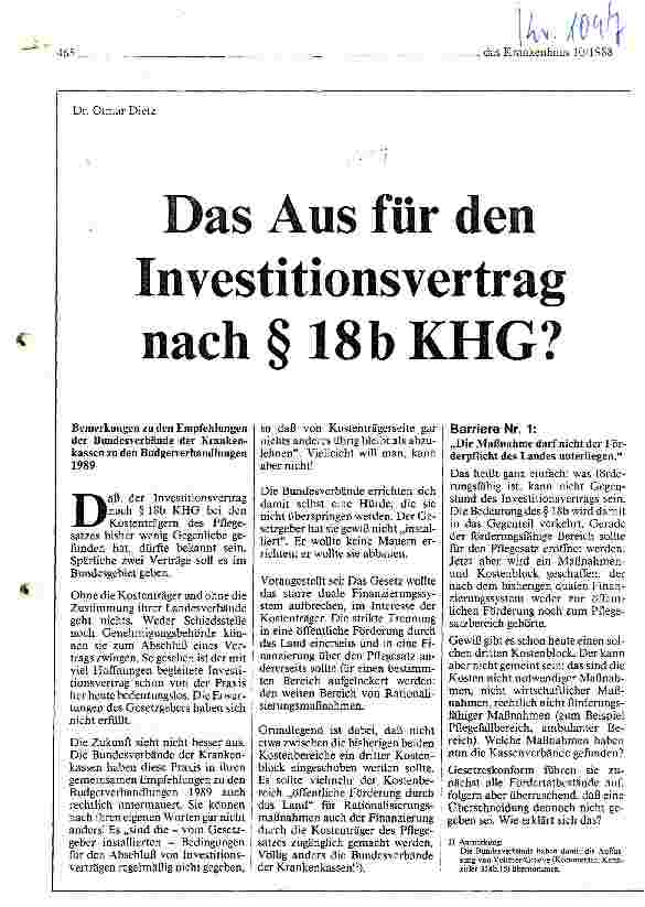 Vorschauseite 1: Das Aus für den Investitionsvertrag nach Paragraph 18b KHG?