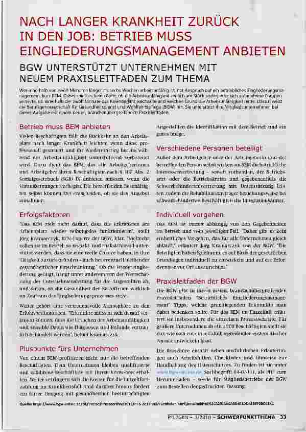 Vorschauseite 1: NACH LANGER KRANKHEIT ZURUCK IN DEN JOB: BETRIEB MUSS EINGLIEDERUNGSMANAGEMENT ANBIETENBGW UNTERSTÜTZT UNTERNEHMEN MIT NEUEM PRAXISLEITFADEN ZUM THEMA