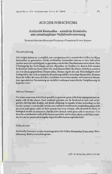 Vorschauseite 1: Artifizielle Keimzellen natürliche Keimbahn: eine interdisziplinäre Verhältnisbestimmung