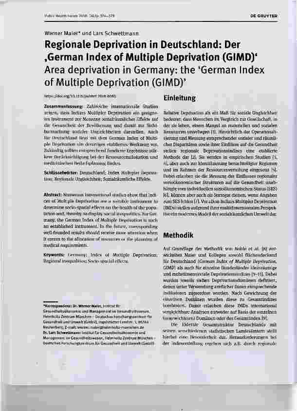 Vorschauseite 1: Regionale Deprivation in Deutschland: Der «German Index of Multiple Deprivation (GIMD)