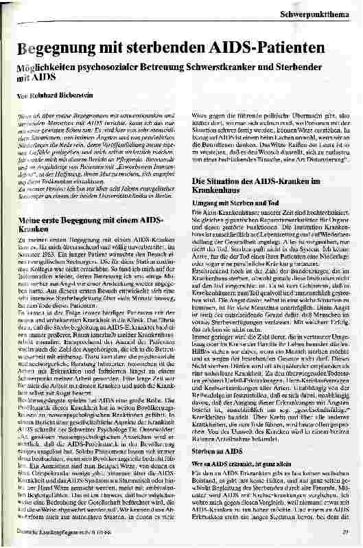 Vorschauseite 1: Begegnung mit sterbenden AIDS-Patienten Möglichkeiten psychosozialer Betreuung Schwerstkranker u. Sterbender