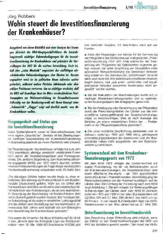 Vorschauseite 1: Wohin steuert die Investitionsfinanzierung der Krankenhäuser?