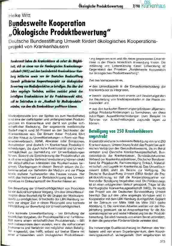 Vorschauseite 1: Bundesweite Kooperation Ökologische Produktbewertung Deutsche Bundesstiftung Umwelt fördert ökologisches Kooperationsprojekt von Krankenhäusern