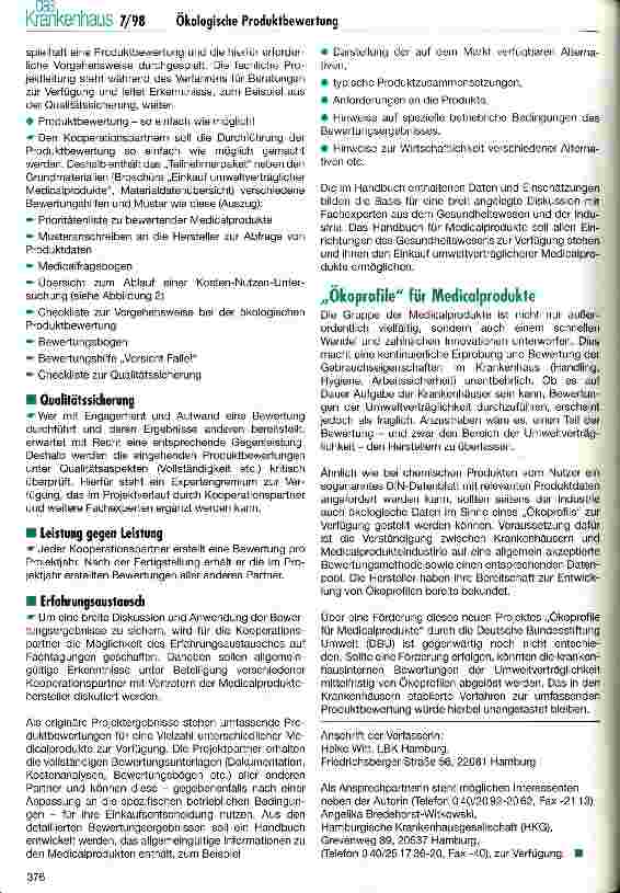 Vorschauseite 4: Bundesweite Kooperation Ökologische Produktbewertung Deutsche Bundesstiftung Umwelt fördert ökologisches Kooperationsprojekt von Krankenhäusern