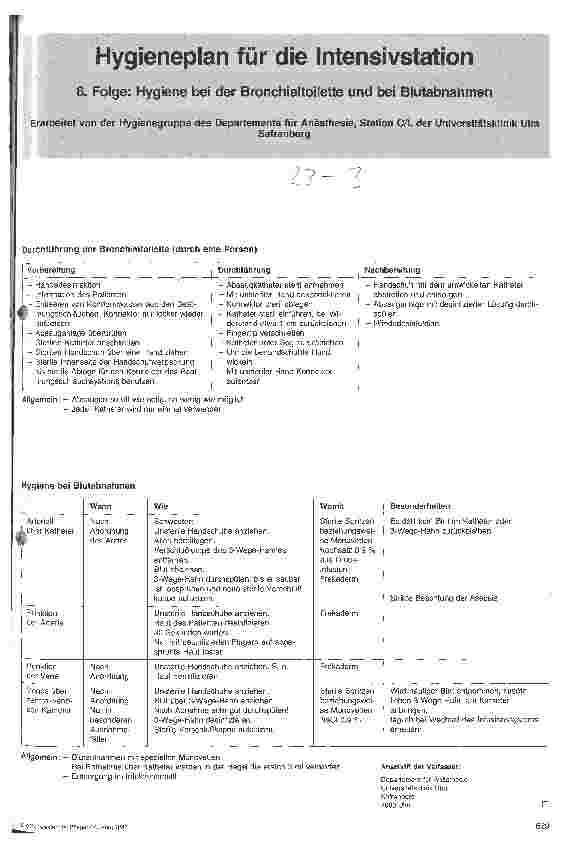 Vorschauseite 1: Hygieneplan für die Intensivstation 6. Folge: Hygiene bei der Bronchialtoilette und bei Blutabnahmen