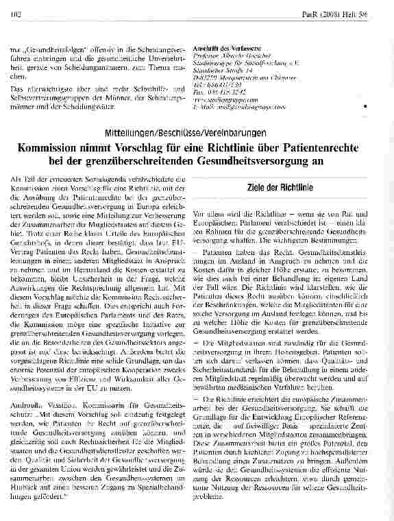 Vorschauseite 1: Kommission nimmt Vorschlag für eine Richtlinie über Patientenrechte bei der grenzüberschreitenden Gesundheitsversorgung an