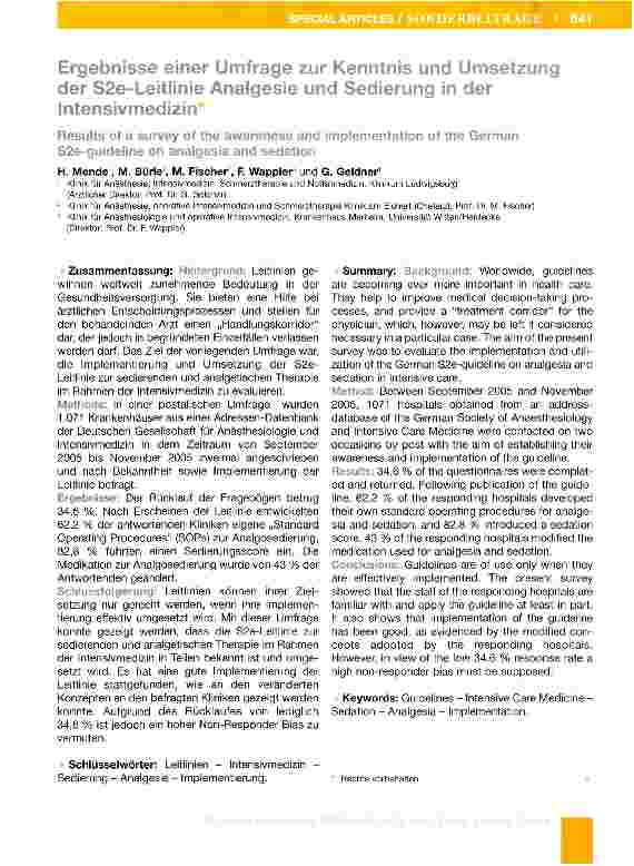 Vorschauseite 1: Ergebnisse einer Umfrage zur Kenntnis und Umsetzung der S2e-Leitlinie Analgesie und Sedierung in der Intensivmedizin