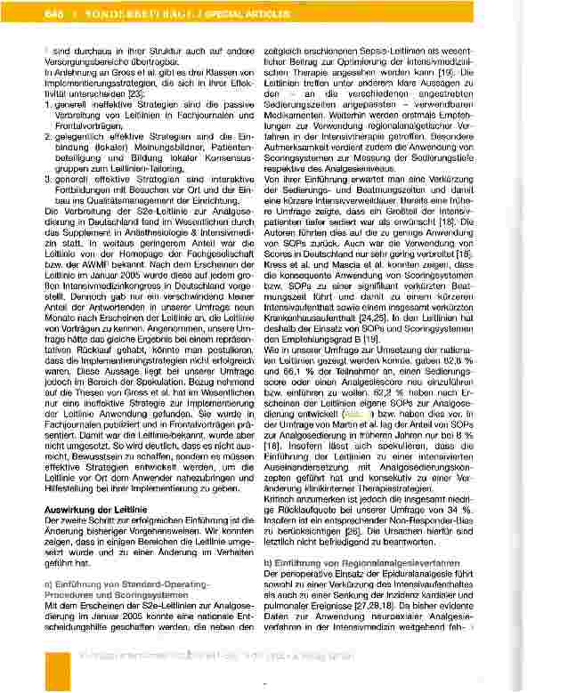 Vorschauseite 5: Ergebnisse einer Umfrage zur Kenntnis und Umsetzung der S2e-Leitlinie Analgesie und Sedierung in der Intensivmedizin