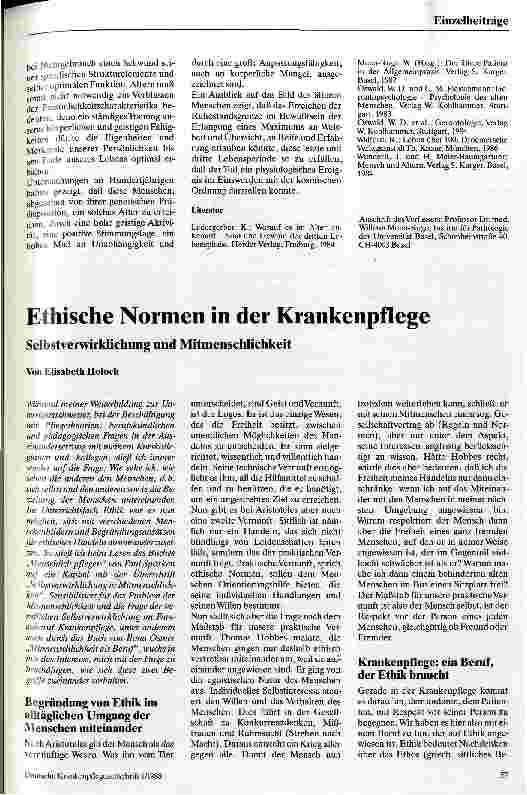 Vorschauseite 1: Ethische Normen in der Krankenpflege Selbstverwirklichung und Mitmenschlichkeit
