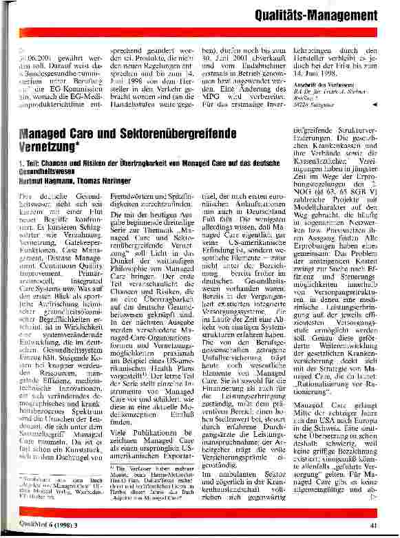 Vorschauseite 1: Managed Care und Sektorenübergreifende Vernetzung (Teil 1) Chancen und Risiken der Übertragbarkeit von Managed Care