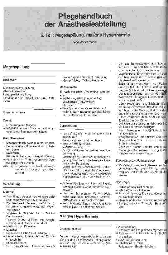Vorschauseite 1: Pflegehandbuch der Anästhesieabteilung 5. Teil: Magenspülung, maligne Hyperthermie