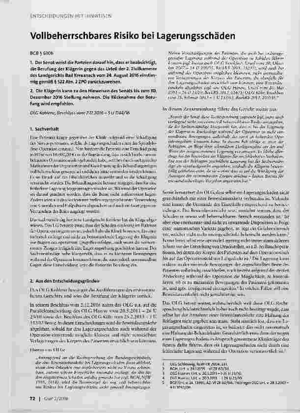 Vorschauseite 1: Vollbeherrschbares Risiko bei Lagerungsschäden