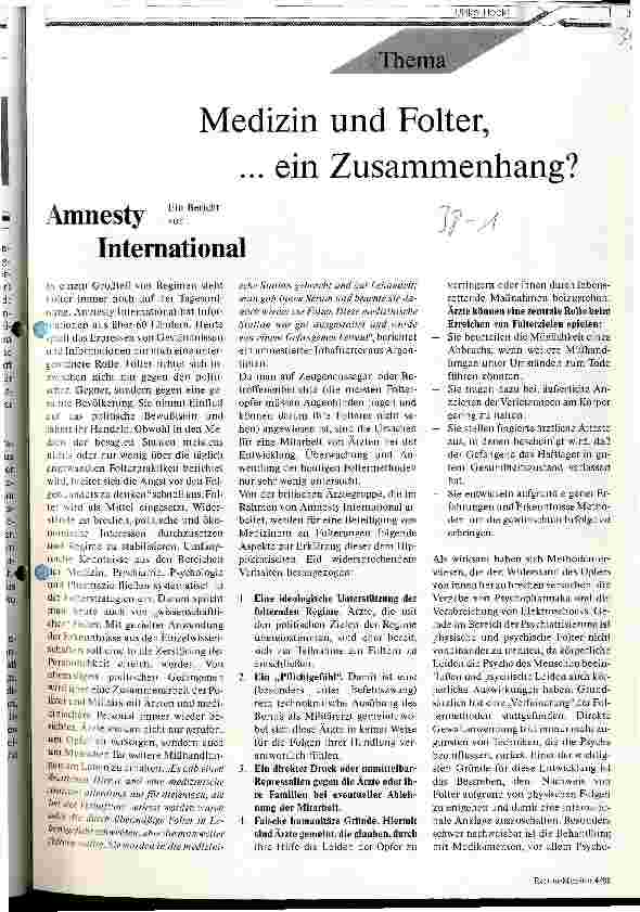 Vorschauseite 1: Medizin und Folter, .. . ein Zusammenhang? Ein Bericht von Amnesty International