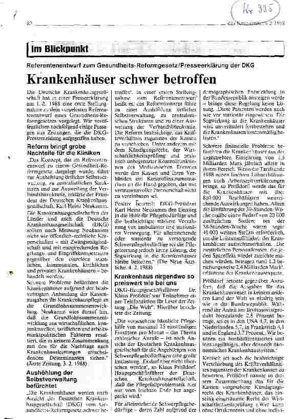 Vorschauseite 1: Krankenhäuser schwer betroffen Referentenentwurf zum Gesundheits-Reformgesetz/Presseerklärung der DKG