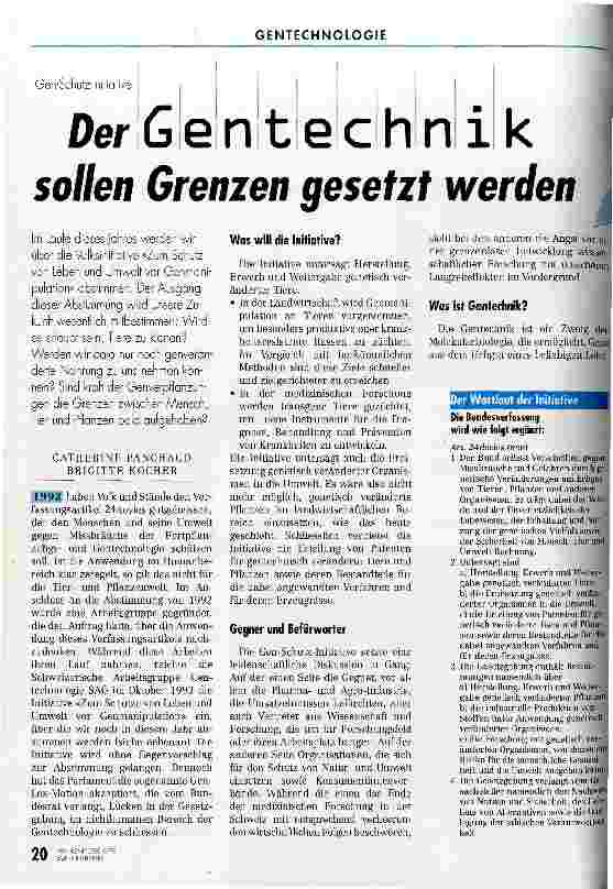 Vorschauseite 1: Der Gentechnik sollen Grenzen gesetzt werden Gen-Schutz-Initiative