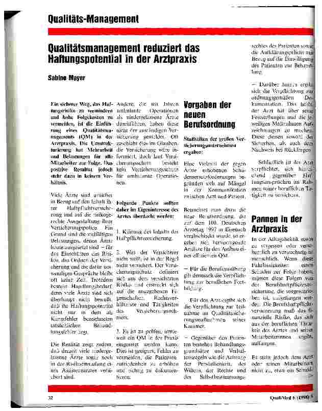Vorschauseite 1: Qualitätsdmanagement reduziert das Haftungspotential in der Arztpraxis