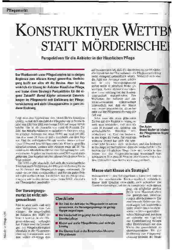 Vorschauseite 1: Konstruktiver Wettbewerb statt mörderischer Konkurrenz Perspektiven für die Anbieter der Häuslichen Pflege