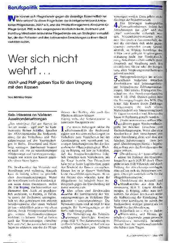 Vorschauseite 1: Wer sich nicht wehrt... AVAP und PMP geben Tips für den Umgang mit den Kassen