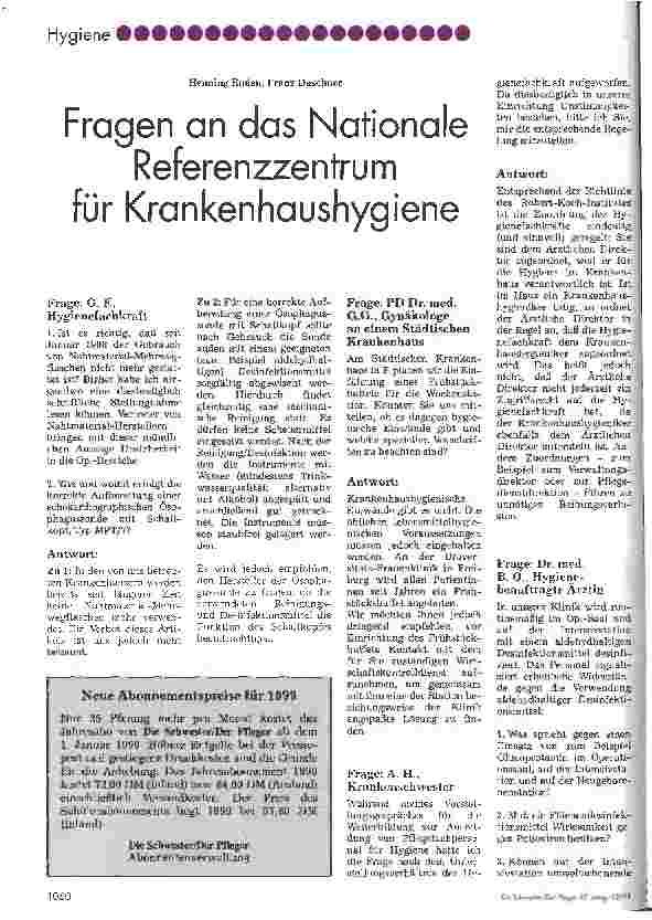 Vorschauseite 1: Fragen an das Nationale Referenzzentrum für Krankenhaushygiene