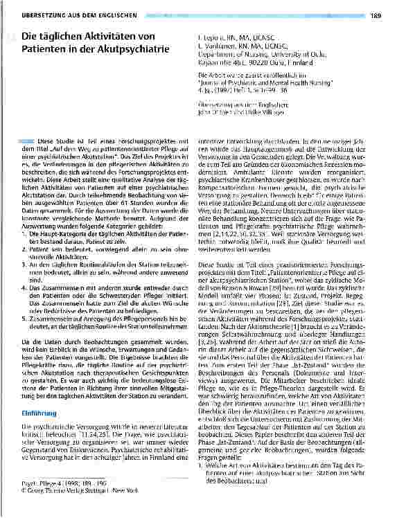 Vorschauseite 1: Die täglichen Aktivitäten von Patienten in der Akutpsychiatrie