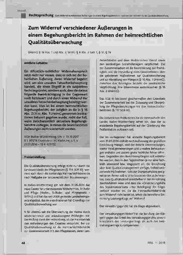Vorschauseite 1: Zum Widerruf verschiedener Äußerungen in einem Begehungsbericht im Rahmen der heimrechtlichenQualitätsüberwachung