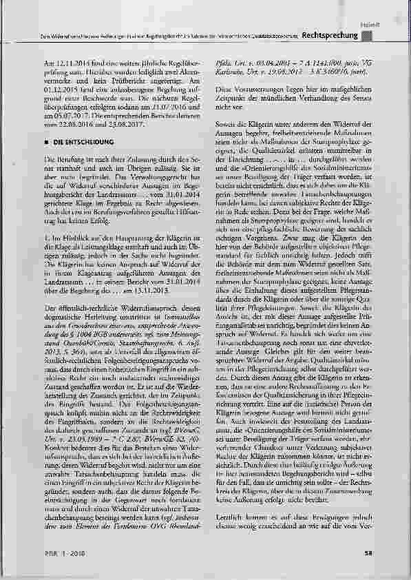 Vorschauseite 6: Zum Widerruf verschiedener Äußerungen in einem Begehungsbericht im Rahmen der heimrechtlichenQualitätsüberwachung