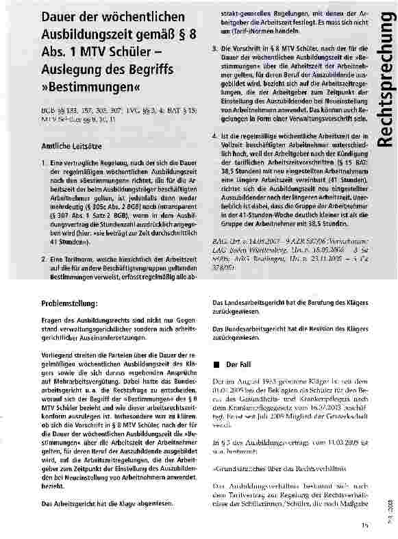 Vorschauseite 1: Dauer der wöchentlichen Ausbildungszeit gemäß § 8 Abs. 1 MTV Schüler -Auslegung des Begriffs »Bestimmungen«