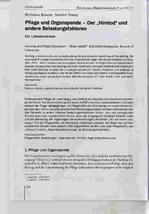 Vorschauseite 1: Pflege und Organspende Der Hirntod und andere Belastungsfaktoren