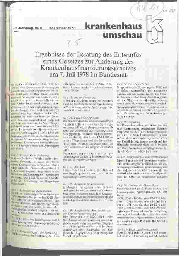 Vorschauseite 1: Ergebnisse der Beratung des Entwurfes eines Gesetzes zur Änderung des Krankenhausfinanzierungsgesetzes am 7. Juli 78 im Bundesrat