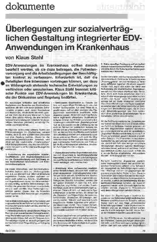 Vorschauseite 1: Überlegungen zur sozialverträglichen Gestaltung integrierter EDV- Anwendungen im Krankenhaus