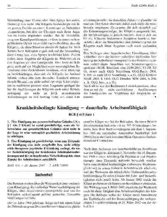 Vorschauseite 1: Krankheitsbedingte Kündigung — dauerhafte Arbeitsunfähigkeit