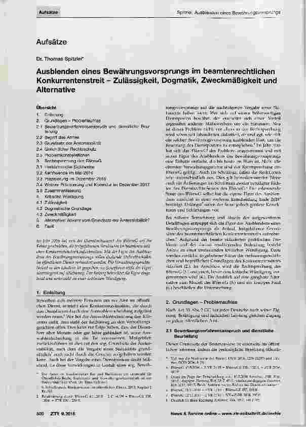 Vorschauseite 1: Ausblenden eines Bewährungsvorsprungs im beamtenrechtlichen Konkurrentenstreit Zulässigkeit, Dogmatik, Zweckmäßigkeit und Alternative