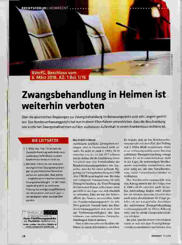 Vorschauseite 1: Zwangsbehandlung in Heimen ist weiterhin verboten