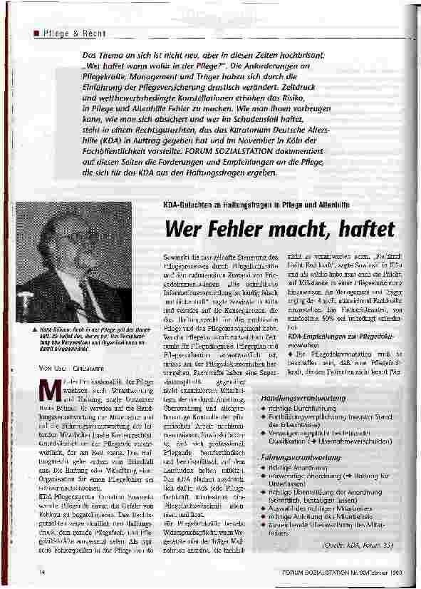 Vorschauseite 1: Wer Fehler macht, haftet KDA-Gutachten zu Haftungsfragen in Pflege und Altenhilfe