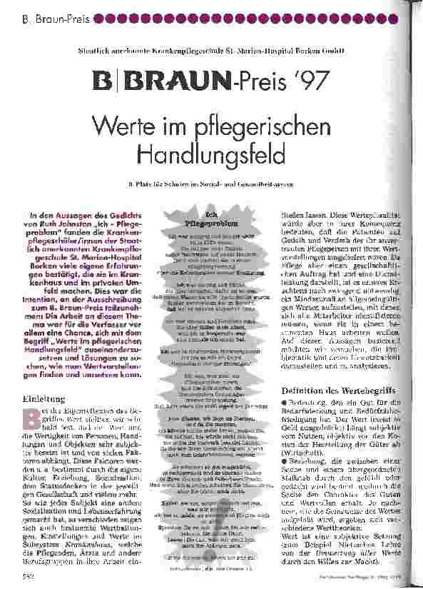 Vorschauseite 1: B. Braun-Preis 97 Werte im Pflegerischen Handlungsfeld 9. Platz für Schulen im Sozialund Gesundheitswesen