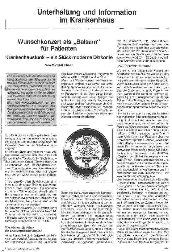 Vorschauseite 1: Unterhaltung im Krankenhaus / Wunschkonzert als Balsam für den Patienten -- Krankenhausfunkein Stück moderner Diakonie
