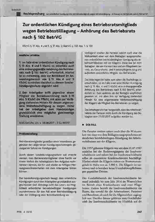 Vorschauseite 1: Zur ordentlichen Kündigung eines Betriebsratsmitglieds wegen Betriebsstilllegung Anhörung des Betriebsrats nach § 102 BetrVG
