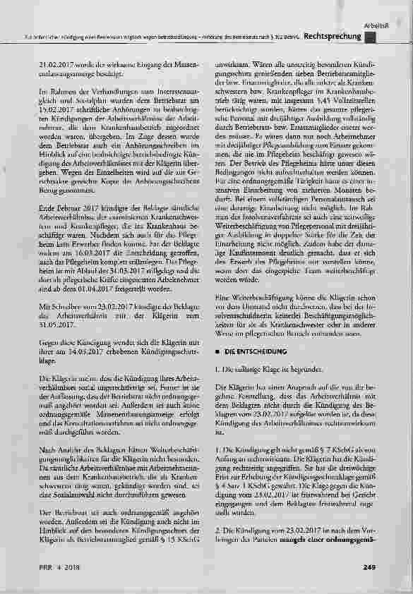 Vorschauseite 3: Zur ordentlichen Kündigung eines Betriebsratsmitglieds wegen Betriebsstilllegung Anhörung des Betriebsrats nach § 102 BetrVG