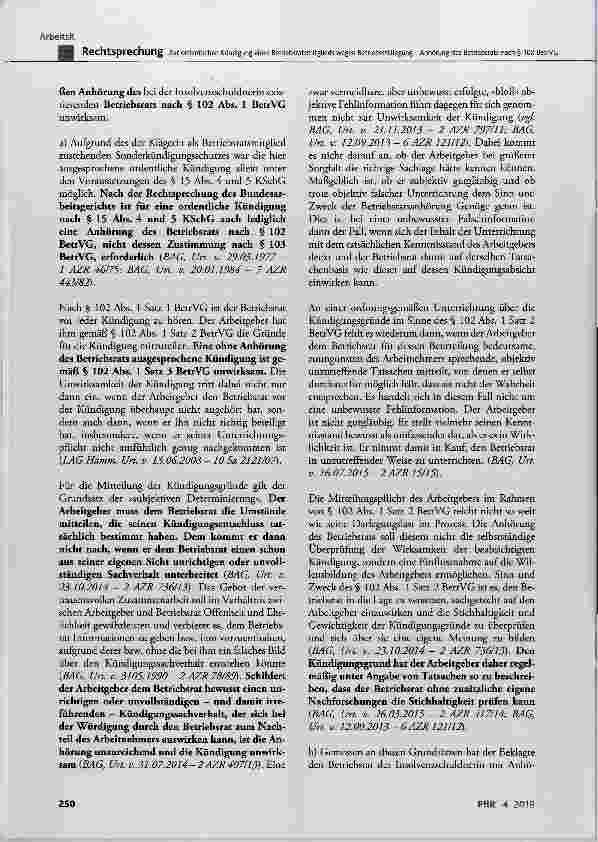 Vorschauseite 4: Zur ordentlichen Kündigung eines Betriebsratsmitglieds wegen Betriebsstilllegung Anhörung des Betriebsrats nach § 102 BetrVG