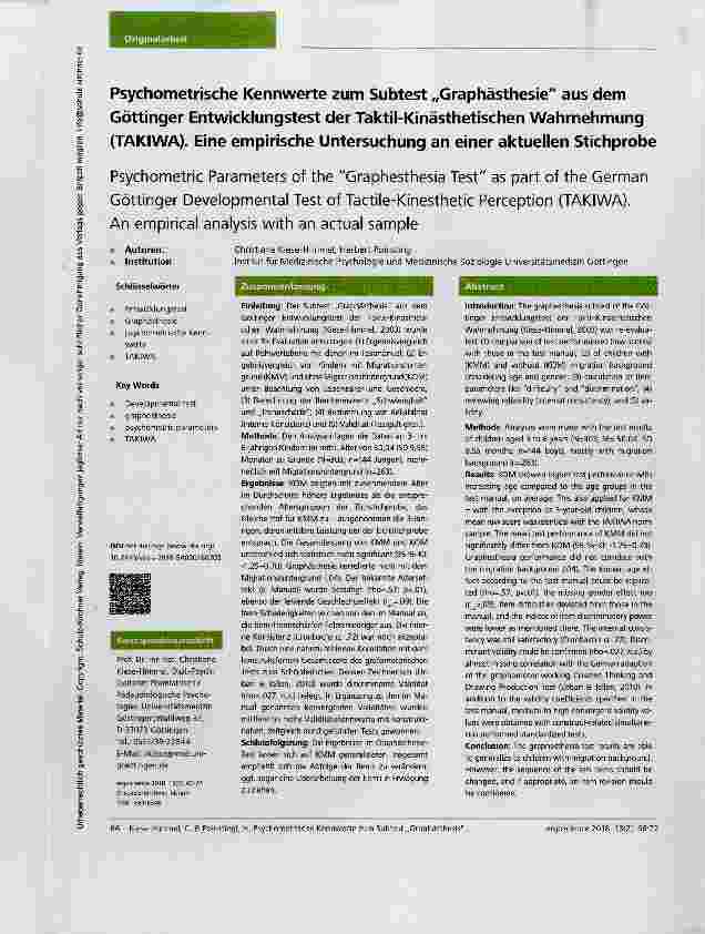 Vorschauseite 1: Psychometrische Kennwerte zum Subtest „Graphästhesie aus dem Göttinger Entwicklungstest der Taktil-Kinästhetischen Wahrnehmung (TAKIWA). Eine empirische Untersuchung an einer aktu…