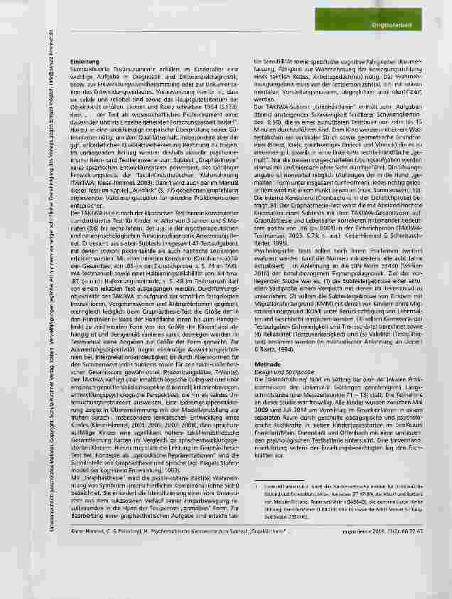 Vorschauseite 2: Psychometrische Kennwerte zum Subtest „Graphästhesie aus dem Göttinger Entwicklungstest der Taktil-Kinästhetischen Wahrnehmung (TAKIWA). Eine empirische Untersuchung an einer aktu…