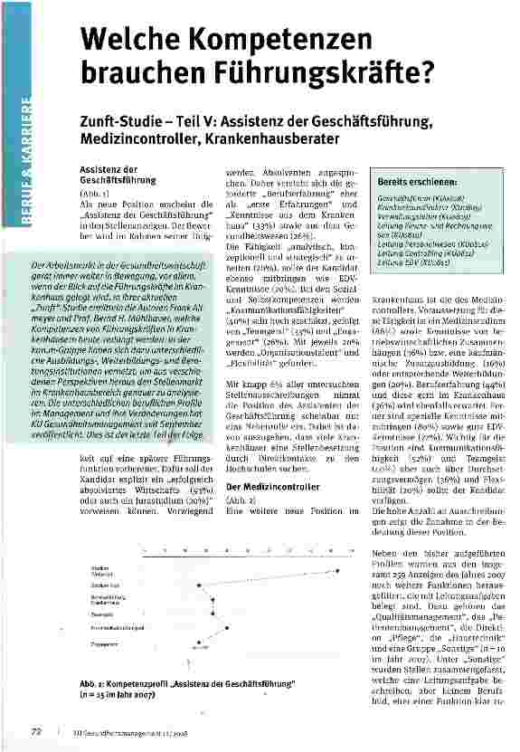Vorschauseite 1: Welche Kompetenzen brauchen Führungskräfte? Zunft-Studie - Teil V: Assistenz der Geschäftsführung, Medizincontroller, Krankenhausberater