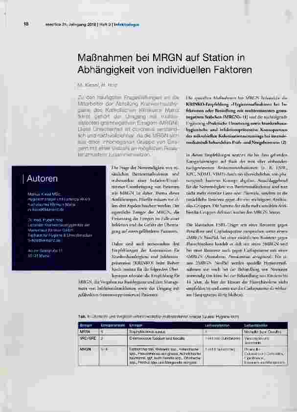 Vorschauseite 1: Maßnahmen bei MRGN auf Station in Abhängigkeit von individuellen Faktoren