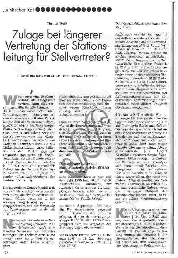 Vorschauseite 1: Zulage bei längerer Vertretung der Stationsleitung für Stellvertreter?